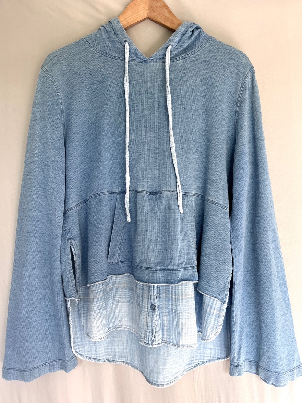 Cloth & Stone Layered Hoodie | Blue | Gauze Hem | Effortless Coastal Cozy | L